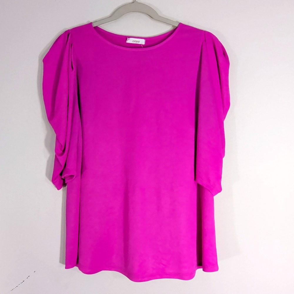 Cherish Pink Puff Sleeve Top; Short Sleeve Crew Neck Blouse